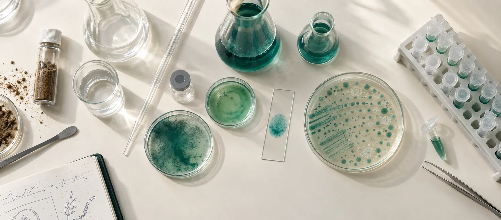 Laboratory bench with cyanobacterial cultures, agar plates, soil samples and research notes
