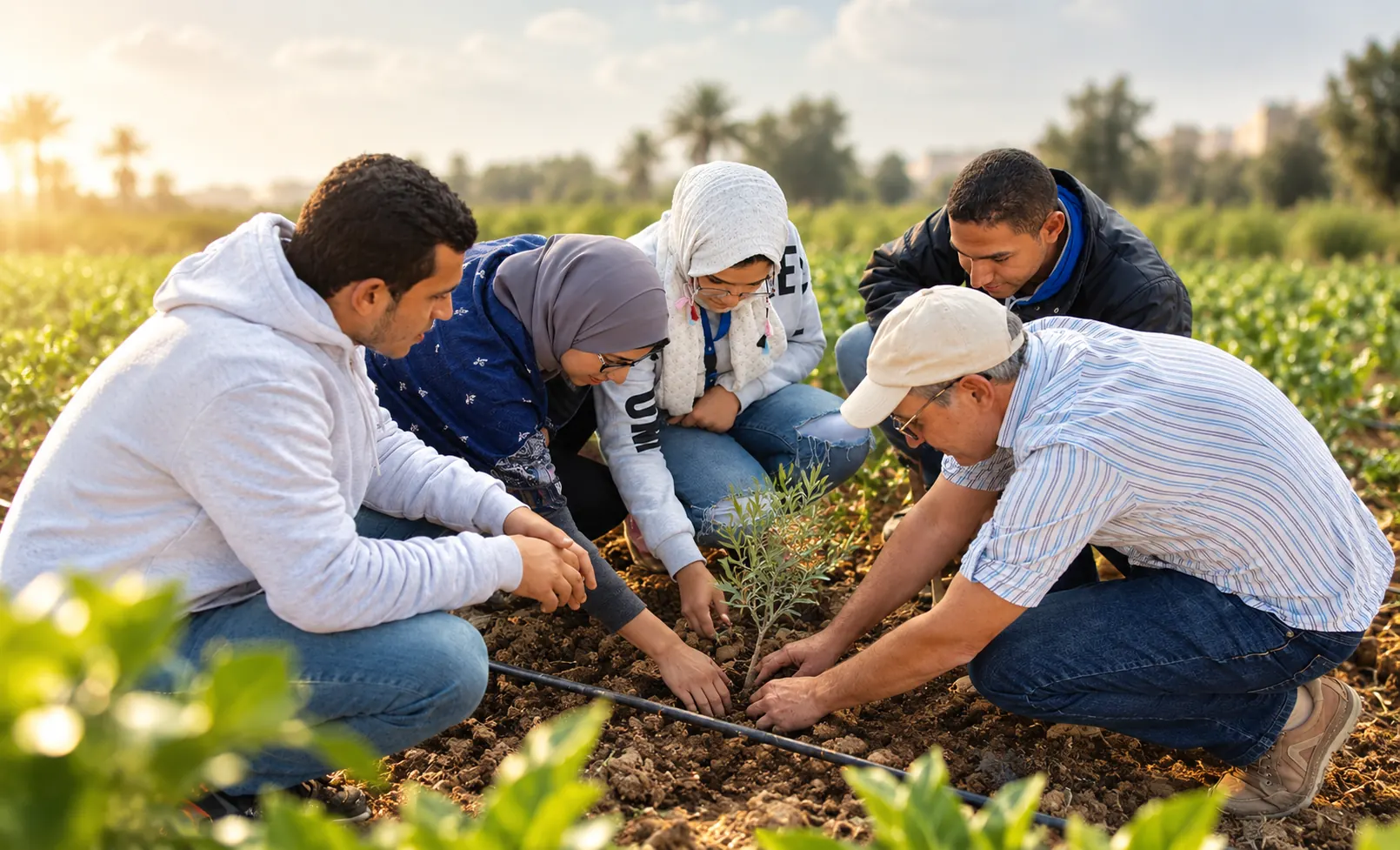 EcoCyan researchers and farmers examining a seedling in an Egyptian field